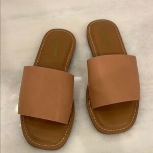 Tan Leather Slide Sandals with Wide Salmon Colored Strap